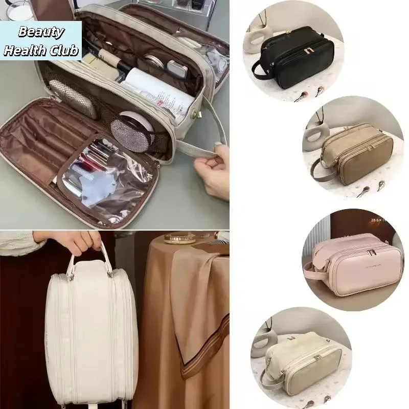 

【Multifunctional Makeup Bag Women PU Leather Large Capacity Portable Double Zipper Travel Makeup Brush Toiletries Storage Bag】