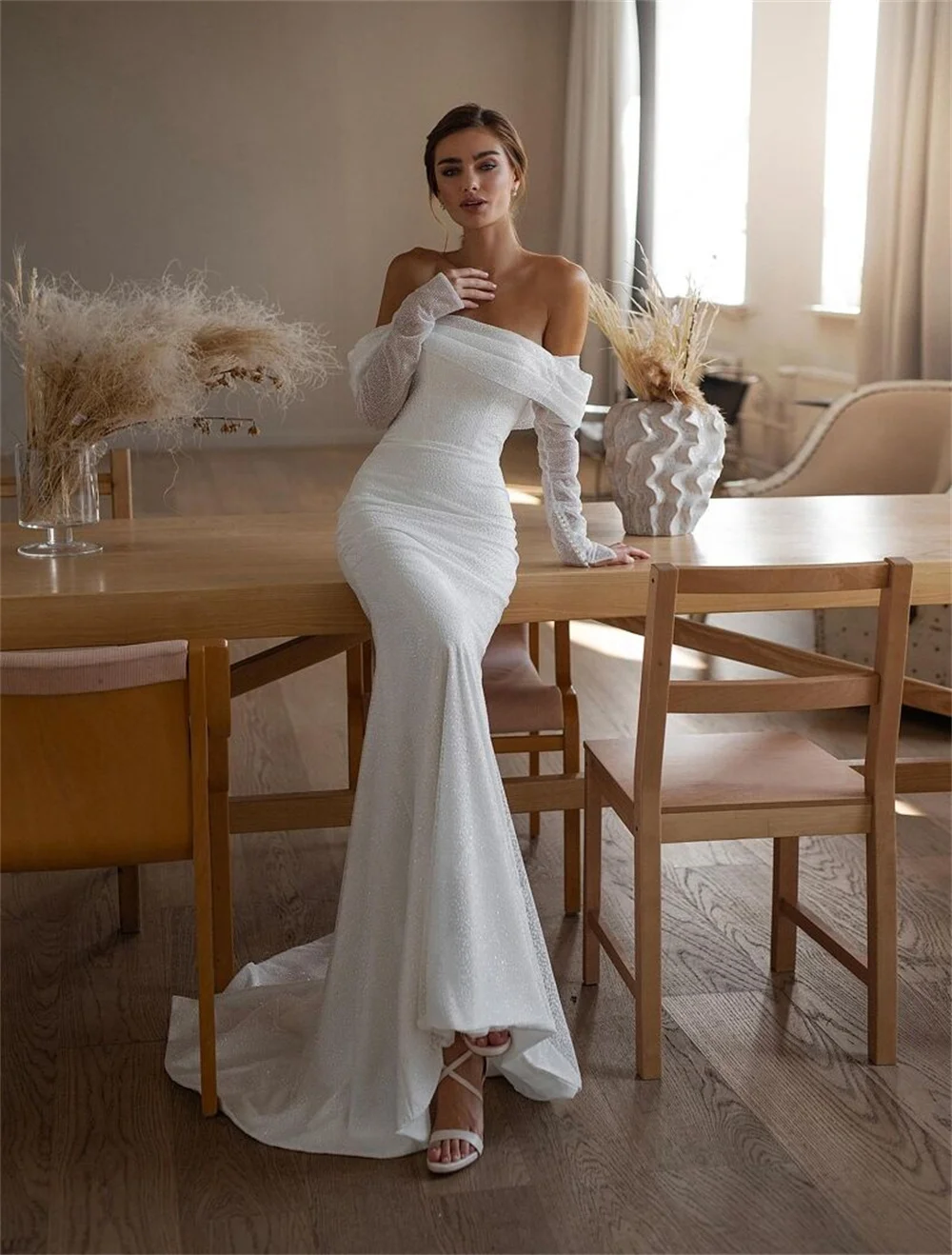 Customized Minimalist Off Shoulder Satin Bridal Gown Sheer Long Sleeve Ruched Fit Mermaid Sweep Train For Wedding Brides