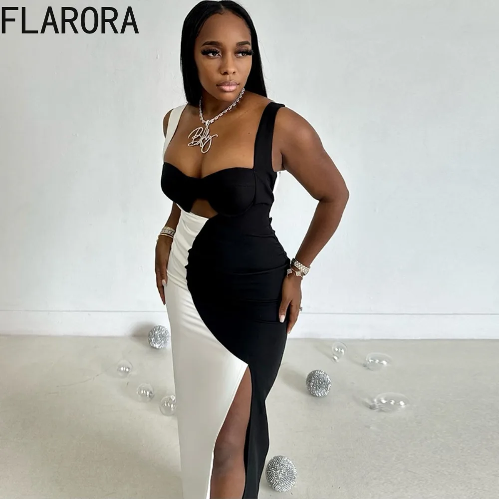 FLARORA Elegante abito patchwork bianco nero Donna Cinghie senza maniche Scava fuori Abito lungo senza schienale Abiti aderenti da festa