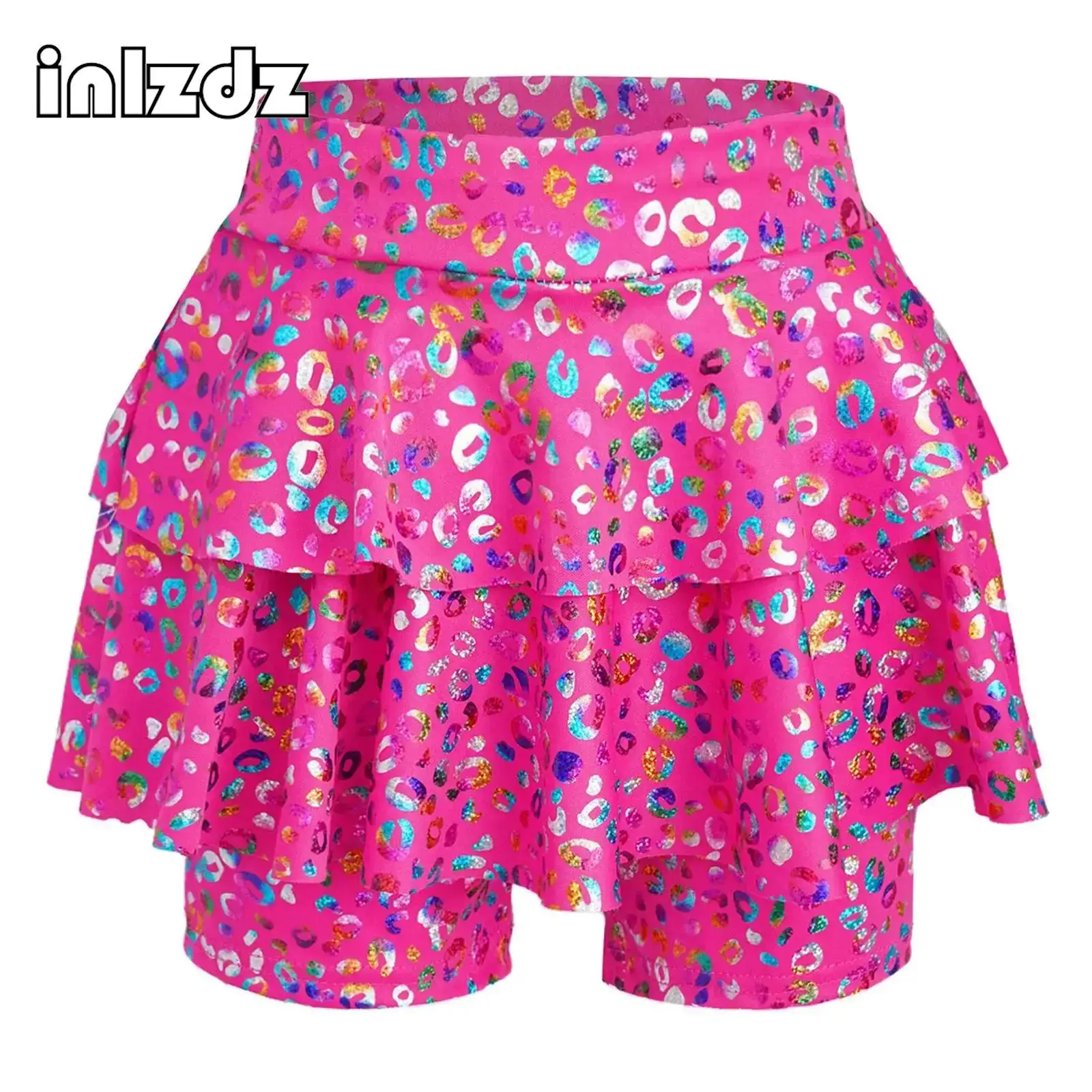 

Kids Girls Jazz Dance Culotte Metallic Leopard Print Skirted Shorts High Waist Elastic Waistband for Cheerleading Performance