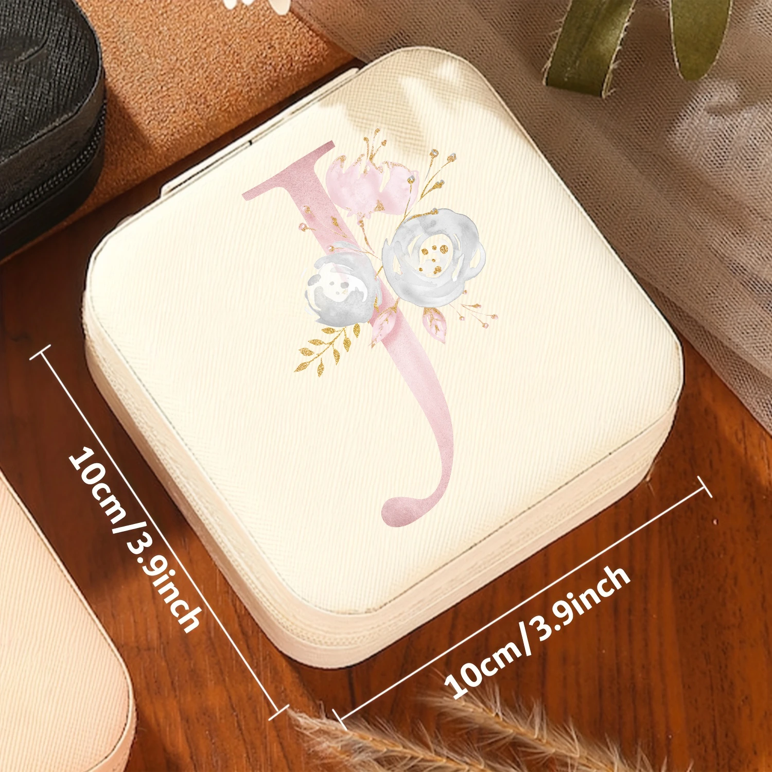 A-Z Alphabet Print Beige Travel White Storage Box, Jewelry Box with Zipper Closure and Fabric Lining - view 6