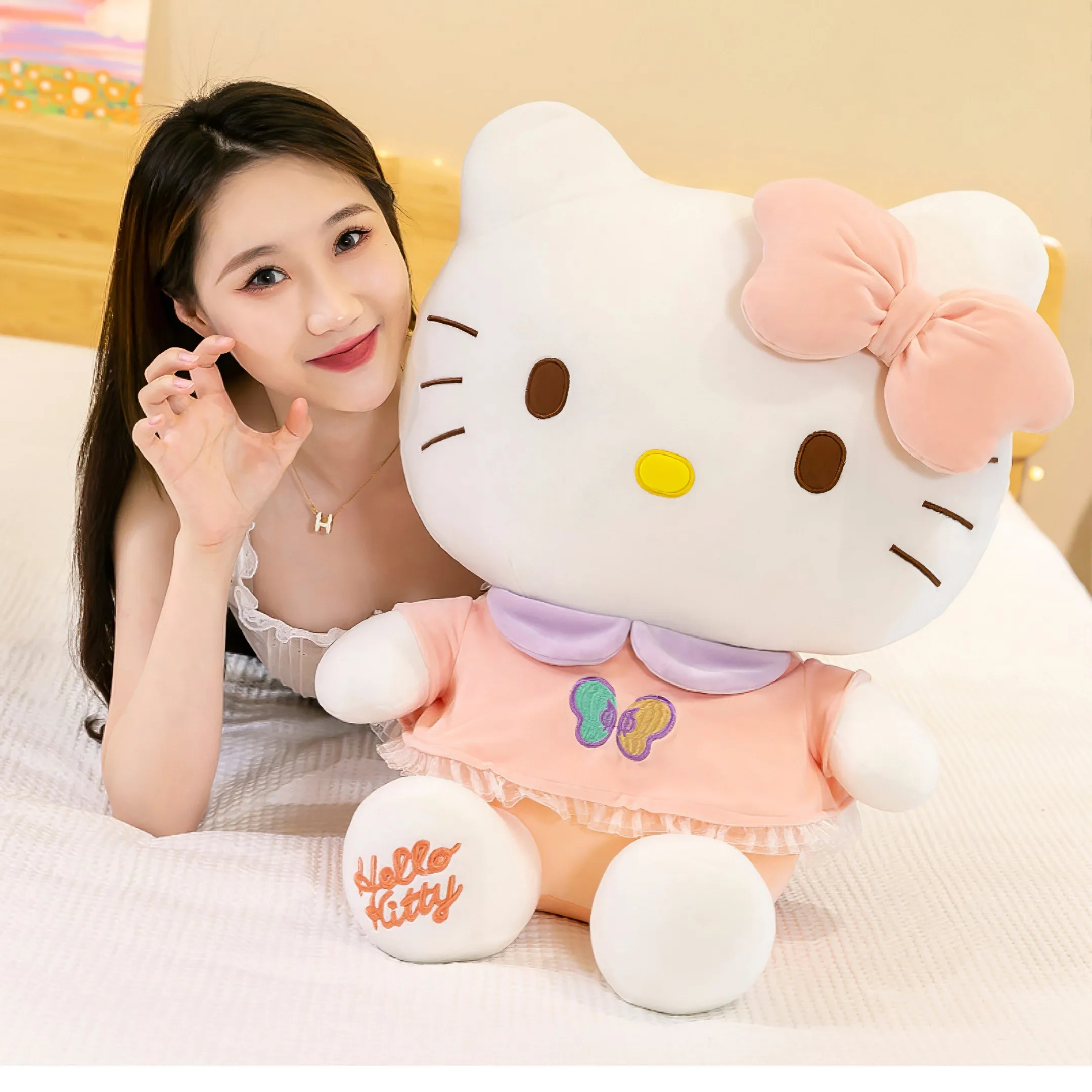 60cm Cute Sanrio Hello Kitty Plush Toy Cartoon Bow Tie Big Size Kt Cat Soft Stuffed Doll Kawaii Decor Pillow Rag Doll Girls Gift