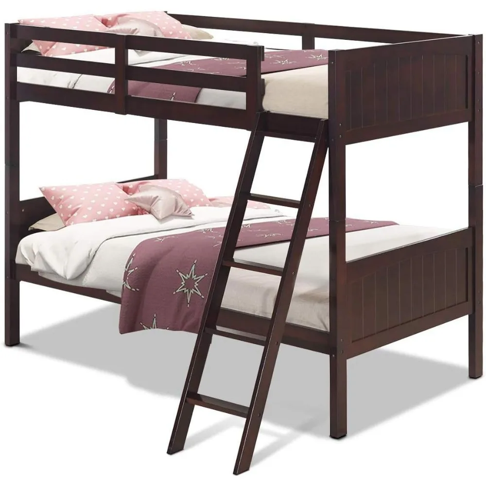 Twin Bunk Beds with Ladder and Safety Rail, Bunk Bed Convertible Into 2 Single Beds for Kid, Twin Over Sleeping Bed for Doritory