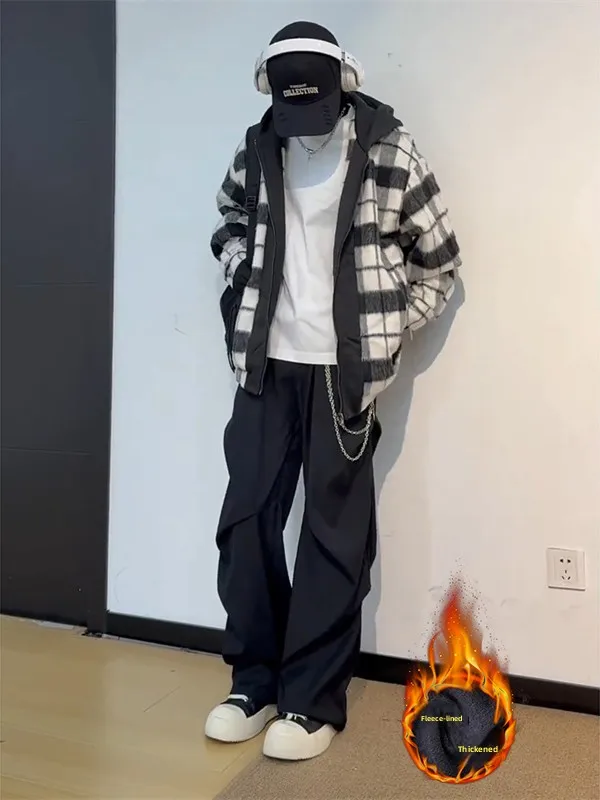 

Мужские брюки Bla на флисовой подкладке для осени и зимы, свободные прямые брюки, повседневные молодежные брюки из полиэфирного волокна