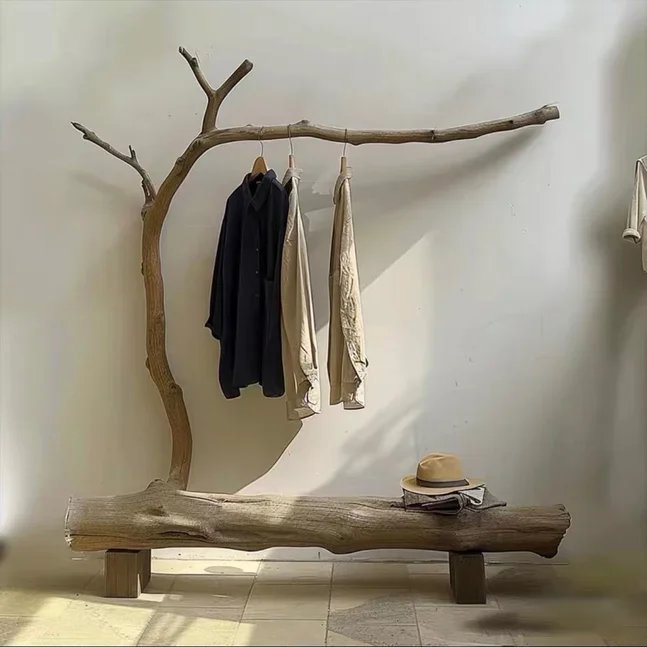Wabi-sabi windbreaker hat rack log hanger dry branch creative lamp stand floor decoration