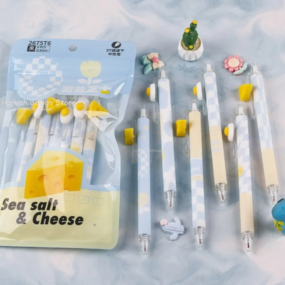 6Pcs Kawaii Ballpoint Pen Set Cartoon Cheese Press Ballpoint Pen for Students Cute 0.5mm Black Refill Office School Stationery