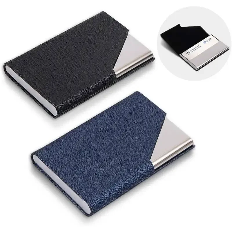 Business Card Holder PU Leather Name Card Holder Card Case Stainless Steel Credit Cards Pocket with Magnetic Shut for Men Women