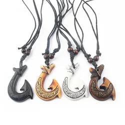 1pcs White/Black Resin Yak Bone Tribal Maori Fish Hook Choker Hawaii Necklace For Surfing Men Women's Jewelry