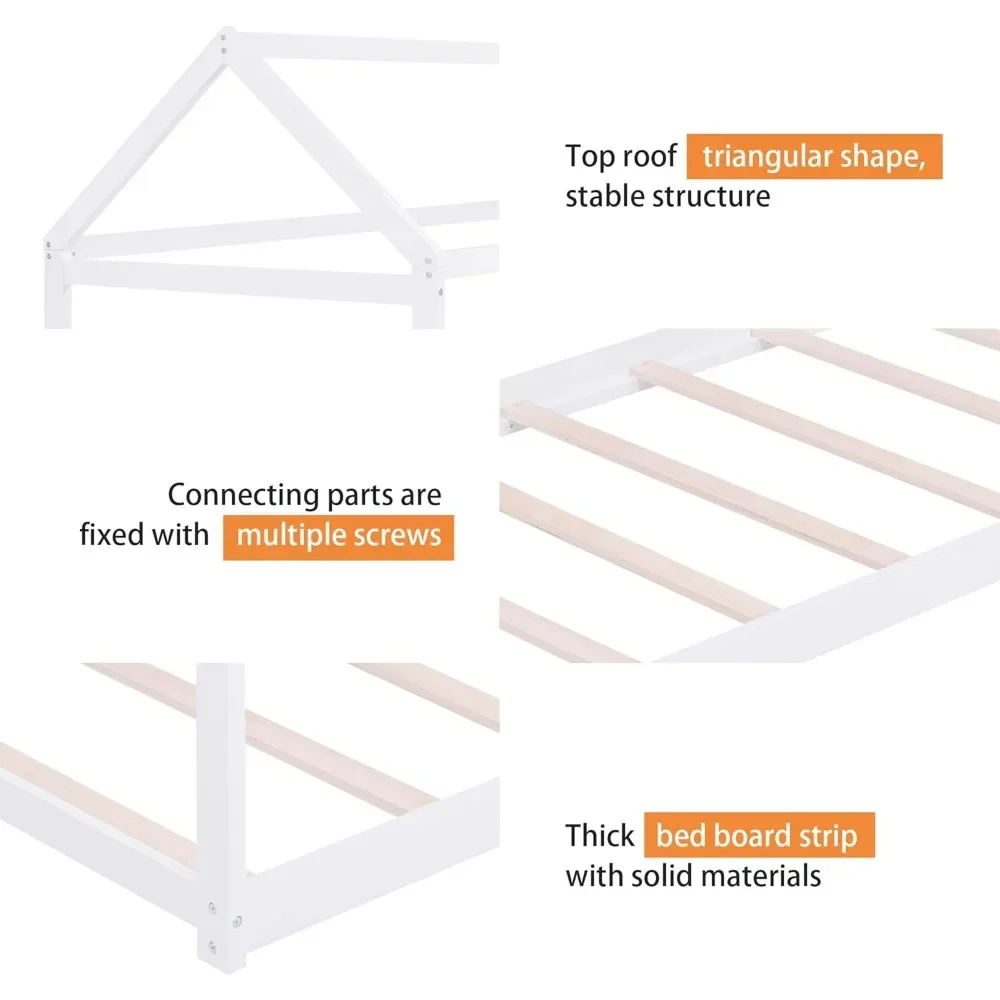Letti per bambini, letto per casa in legno, letto a pavimento con doghe in legno, nessuna molla della scatola necessaria, doppia dimensione, bianco