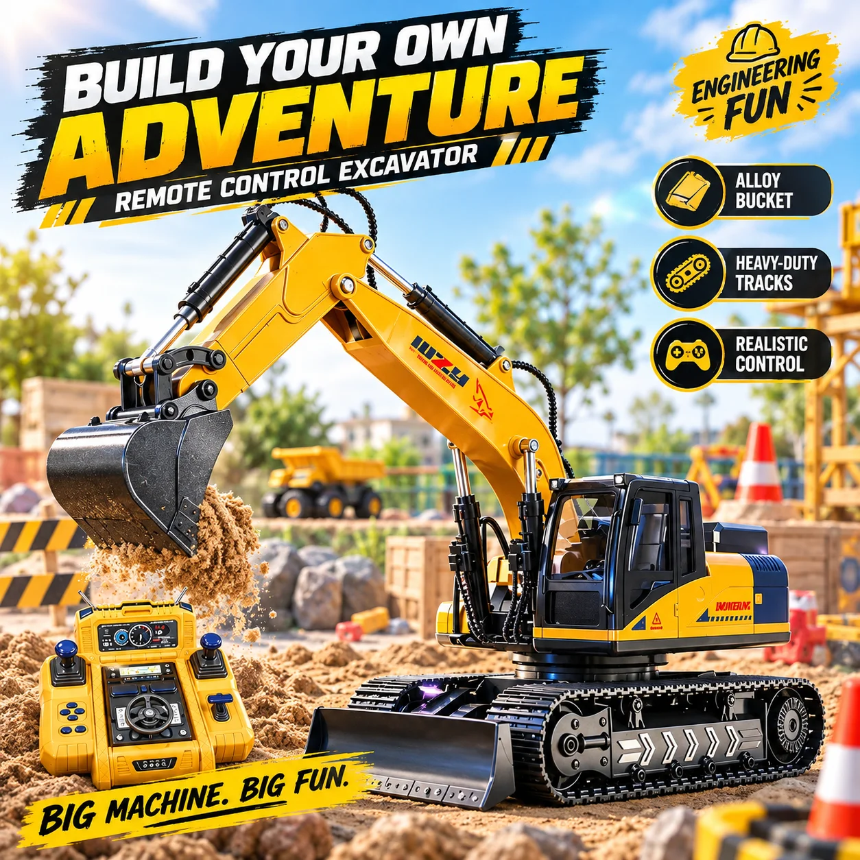 Large RC Excavator, 15CH Alloy Digger with Reinforced Track & Independent Arm Control, Construction Toy Gift for Boys Kids