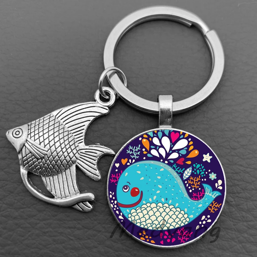 Colorful cartoon fish glass Cabochon keychain beautiful marine life keychain gift I love fish car keychain jewelry