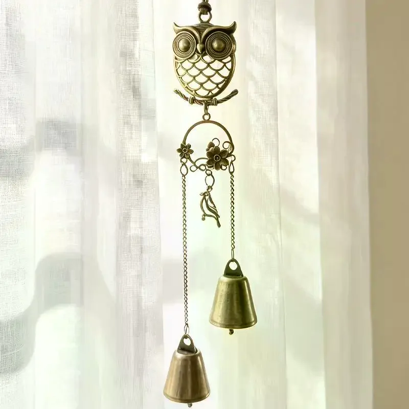 Forest-style Metal Owl Double Bell Wind Chime Entryway Door Decoration Christmas And Thanksgiving Gift
