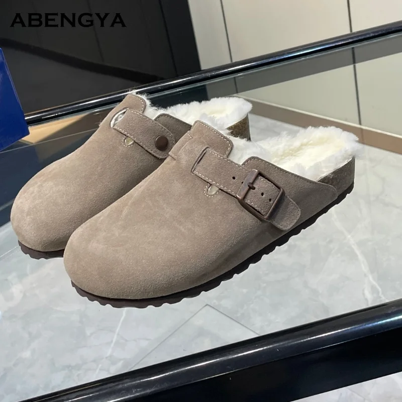 

Зимние замшевые шерстяные тапочки, женские повседневные меховые шлепанцы на плоской подошве с запахом, дизайнерские повседневные вечерние теплые зимние туфли, женские меховые полутапочки