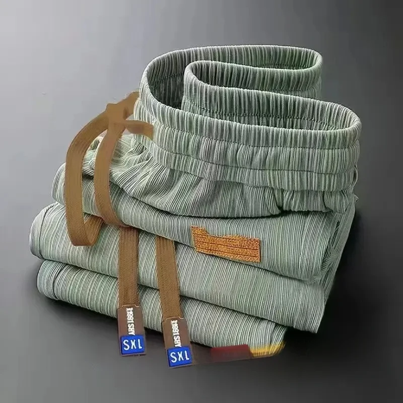 

Летние свободные прямые мужские повседневные брюки из тонкого ледяного шелка, молодежные драпированные широкие брюки, повседневные длинные брюки