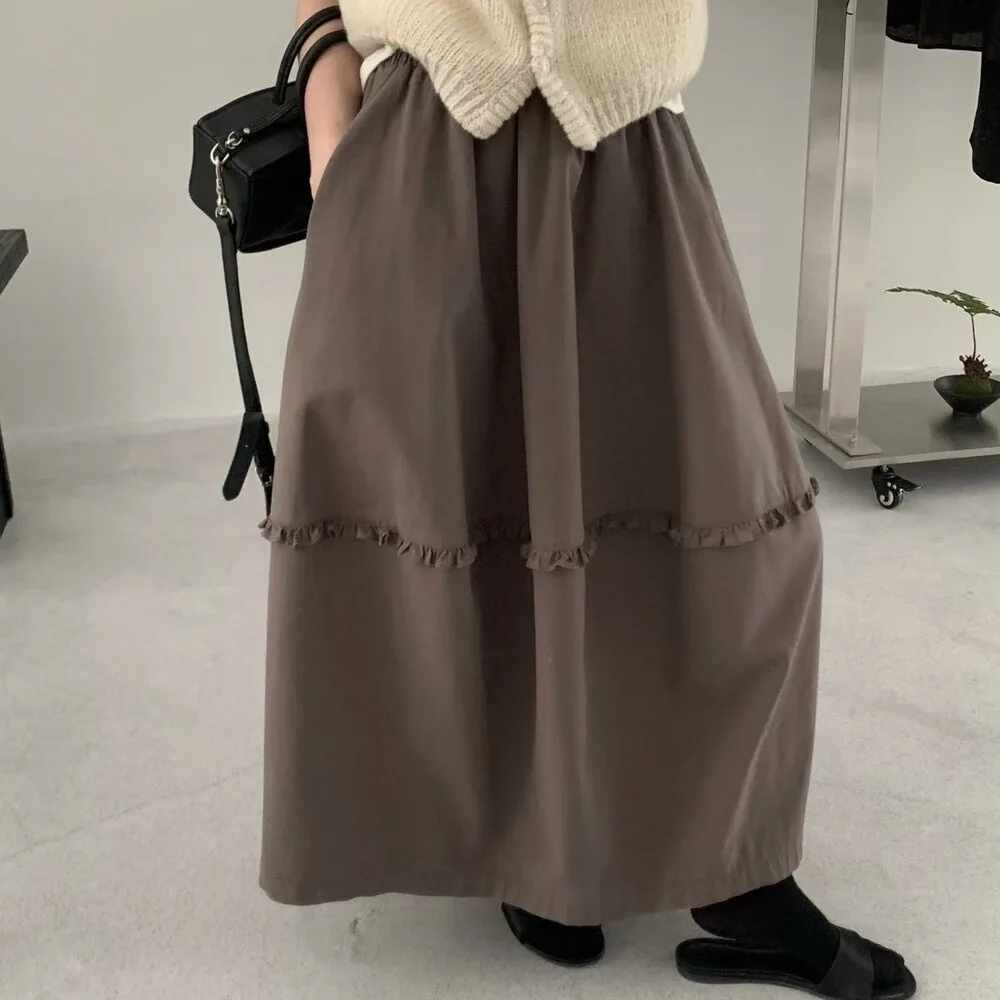 Gonna a mezzaluna unica con design coreano Sle Ruffle Gonna lunga Faion da donna di lunghezza f Alla moda Dolce impreziosito a vita media A-...