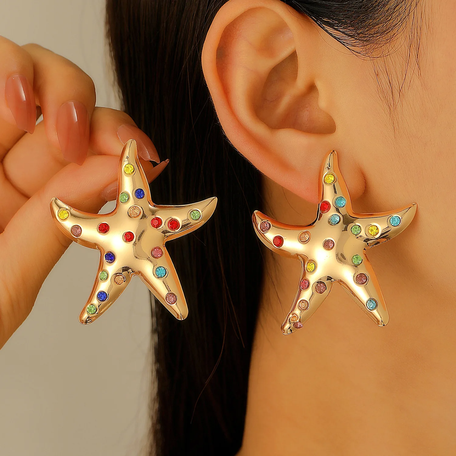 LATS Trendy Simulated Starfish Stud Earrings for Women Exquisite Colored Rhinestones Summer Beach Daily Jewelry