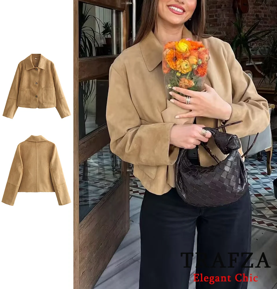 TRAFZA Casual Solid Suede Jacket Coat Women\'s Lapel Buttons Jacket New 2024 Fall Autumn Fashion Jacket Coat