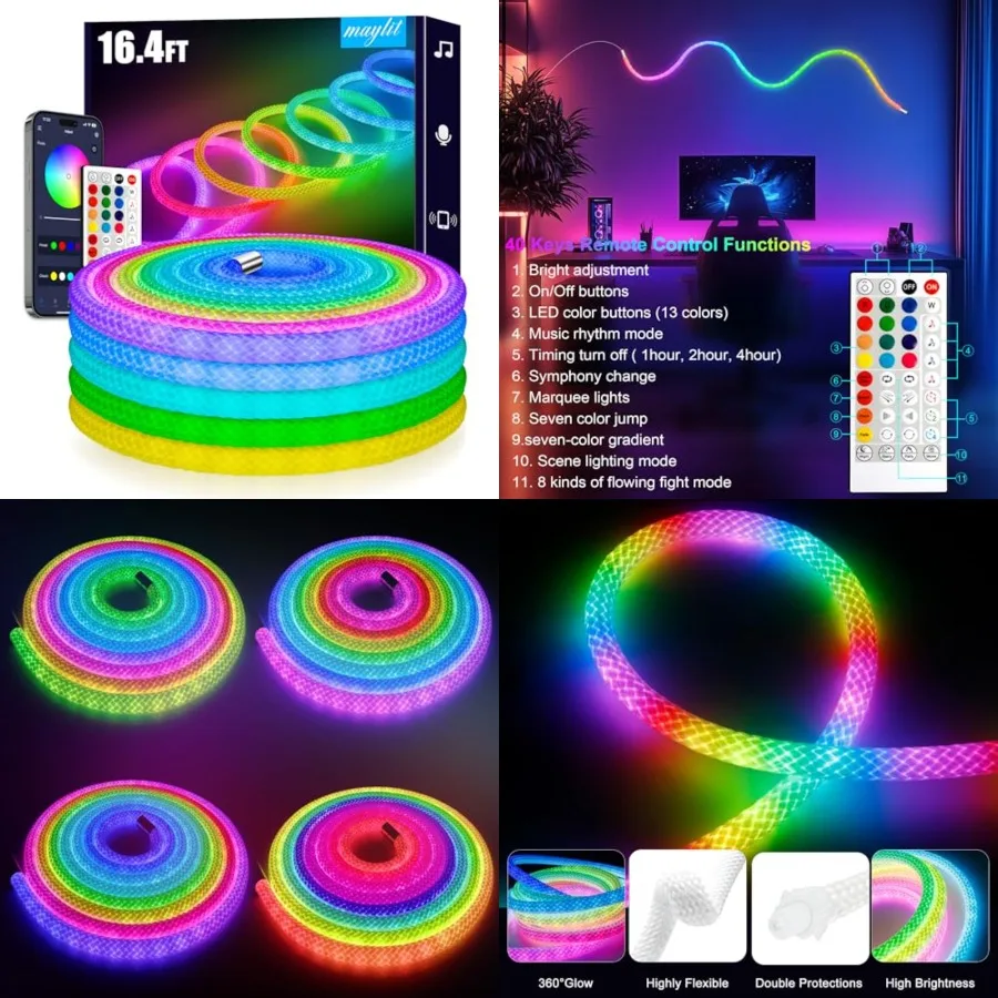 

360 Degree Luminous Reticulate Weave Rope Lights, Addressable ICRGB LED Strip Lights, Music Sync, DIY Design, USB Powered Flexi
