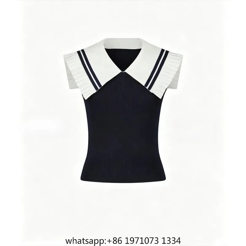 Japanese Style Sleeveless Knitting Tshirt Tops Vest 2026 New Summer Cute Big Navy Collar Vests Crop Top Women Collar Detachable