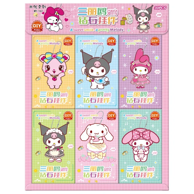 Sanrio-llaveros de Hello Kitty Cinnamoroll para niños y niñas, colgantes de pintura de diamantes DIY, regalo de cumpleaños, manualidades, recuerdos de fiesta, 30 piezas