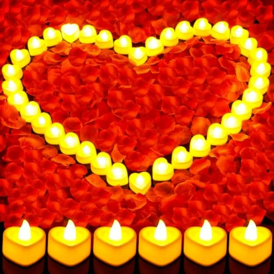 

Rose Petals and Candles Set for Romantic Decoration, 3000 Pcs Red Rose Petals and 36 Pcs Heart Candle Lights for Special Night,