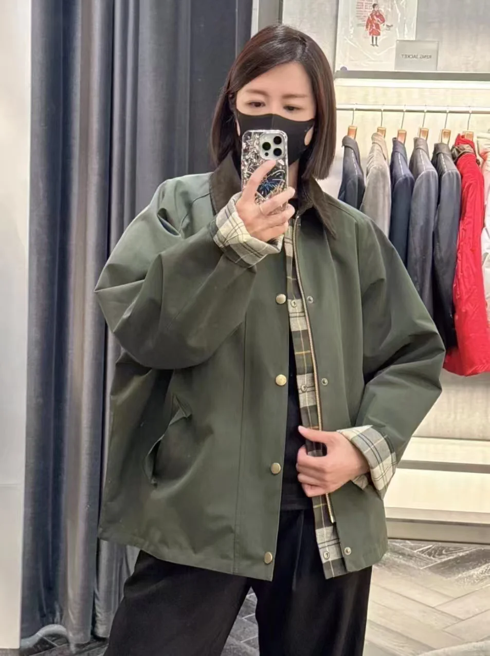 Barbour reversible classic sage vintage plaid unisex unwaxed jacket coat parka short windretro version is looser and the hem has