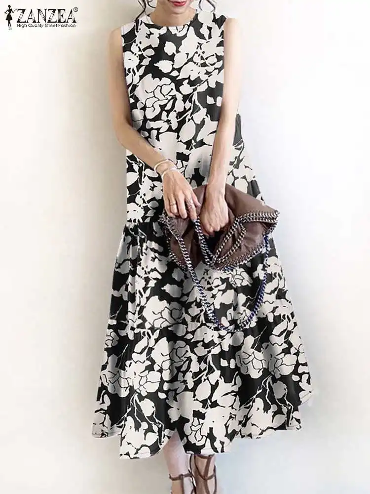 ZANZEA Bohemian Sleeveless Holiday Midi Dress Fashion Party Ruffles Hem Vestido Sarafans Summer Women Floral Printed Sundress