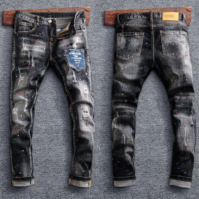 Jeans di alta qualità da uomo di moda di strada, Jeans spaccati Slim Fit resiliente, Designer Multi tasca, Jeans colorati Vintage neri grigi