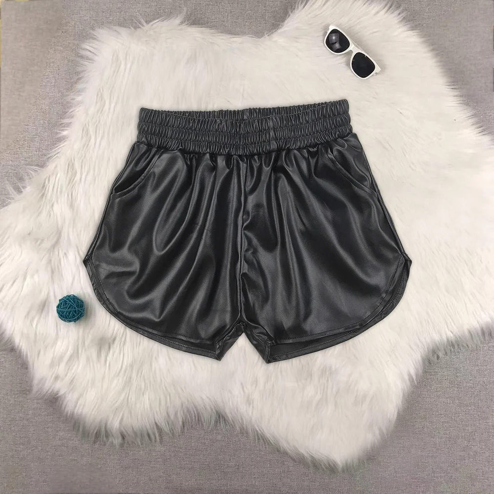 

Baby Girls Black Pocket Leather Elastic Bottom Shorts
