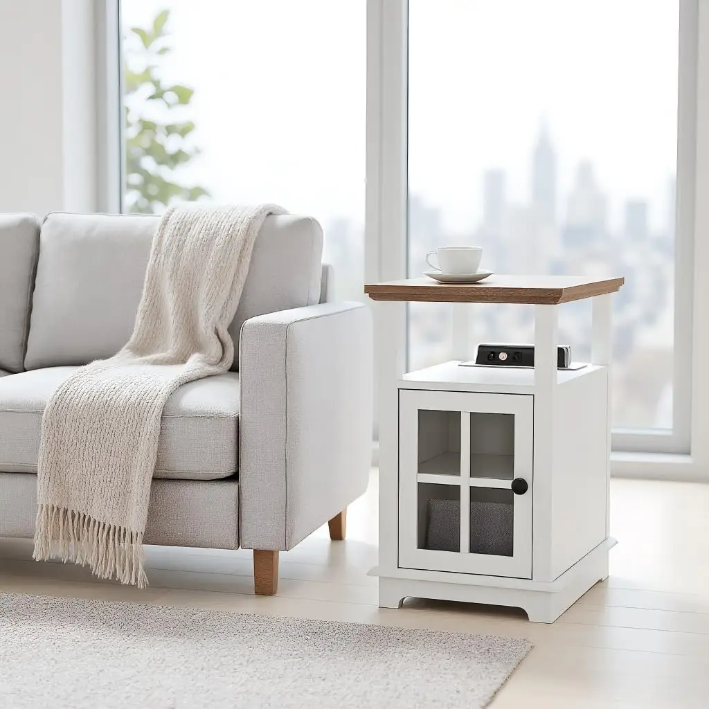 Mesa auxiliar estrecha blanca con estación de carga, puertos USB y tipo C, estante ajustable para sala de estar o dormitorio