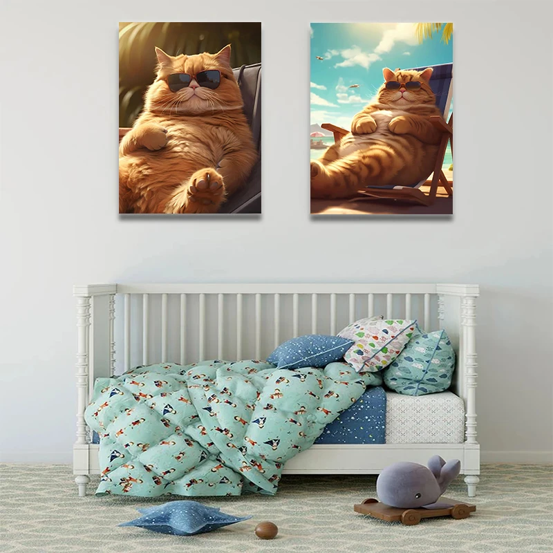 Funny Kawaii Fat Cat Chilling Glasses Happy Beer Bar Pub Aesthetics Posters Canvas Painting Wall Pictures for Living Room Decor