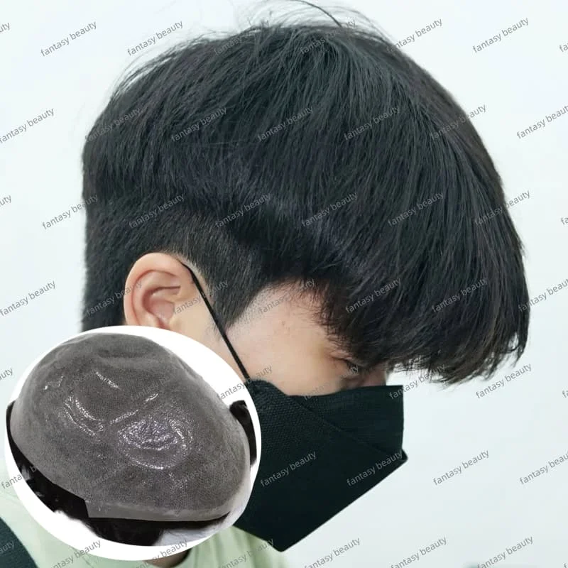 軽量 80%-100% 密度 0.02mm 超薄スキン Vループ ブラックグレー メンズヘアピース 見分けがつかない 100%人毛 自然な生え際