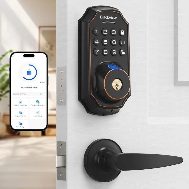 Keyless Entry Door Lock Fingerprint Deadbolt with Lever Handle Set, Fingerprint Smart Door Lock with App Control, Auto