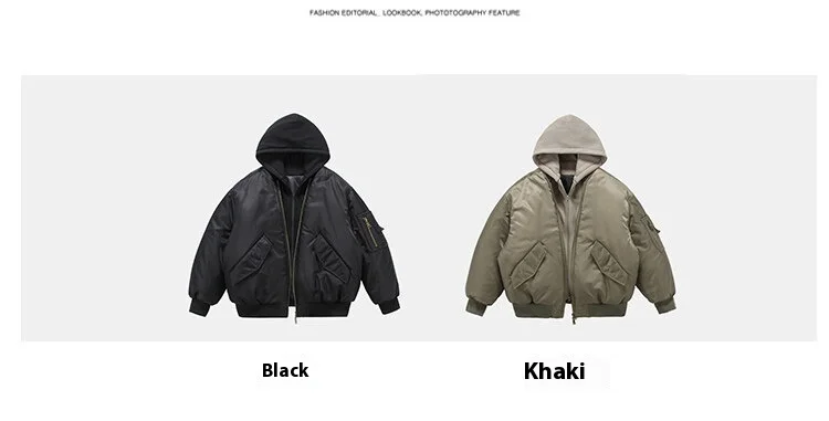 Fake Two Pilot Cotton Jackets Mens Winter New High Street Trend Thickening Hooded Bomber Coats Multiple Pockets Short Parkas