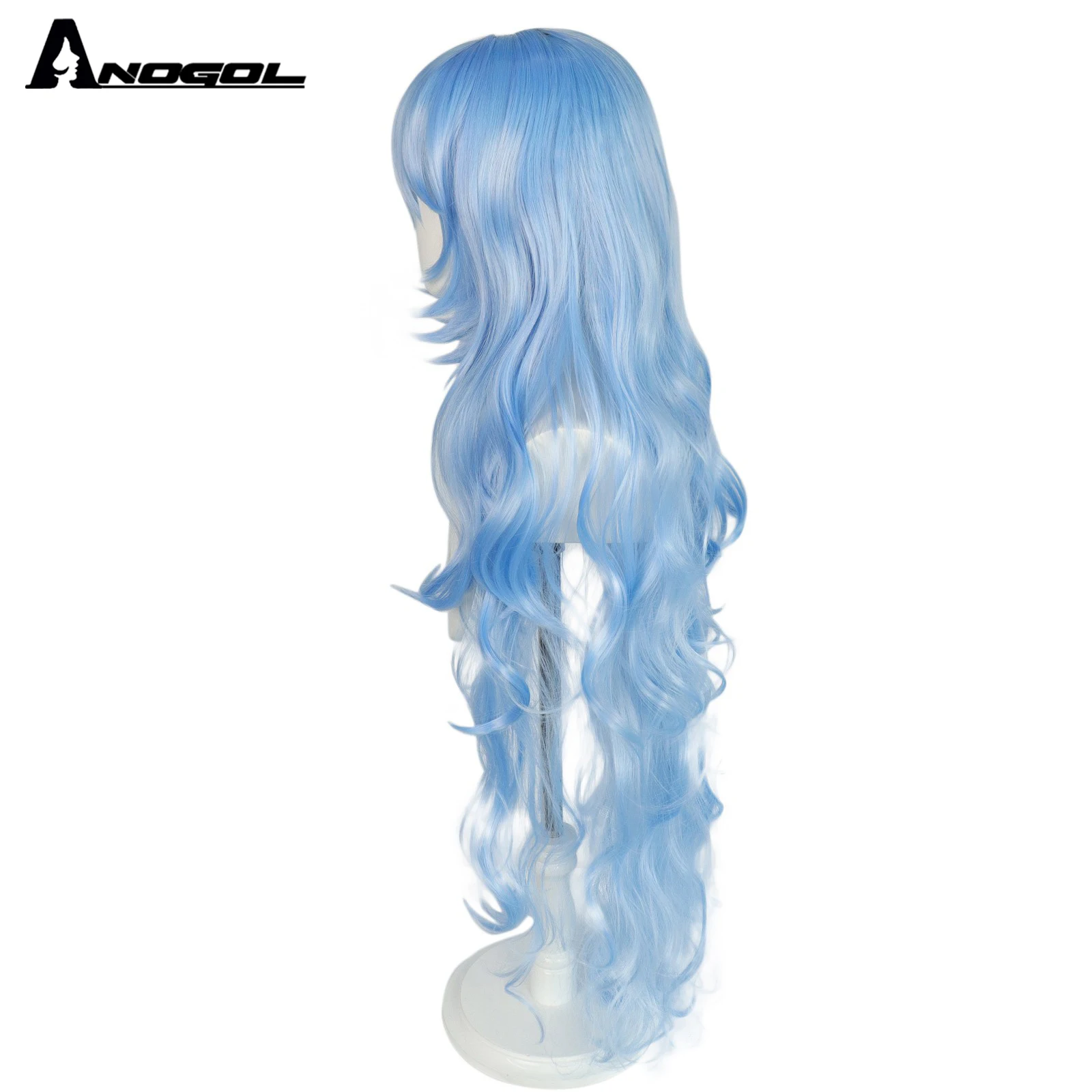 ANOGOL Synthetic EVA Ayanami Rei Cosplay Wigs Long Sky Bkue Wavy Wig with White Props Headwear Haripins For Role Play Halloween