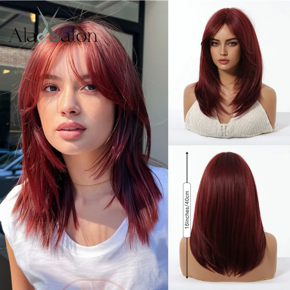 ALAN EATON Red Synthetic Wigs with Bangs Medium Length Hair Layered Straight Wig Natural Looking Party Daily Wear Heat Resistant