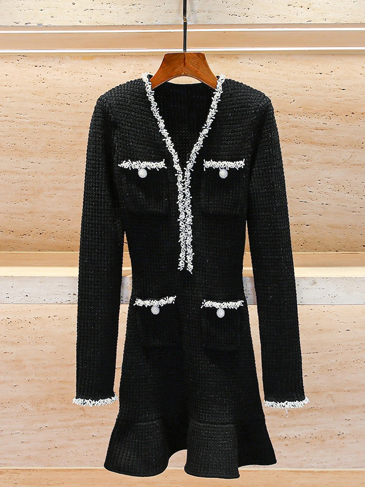 

High-End Winter Knitted Dr V-Ne Heavy Embroidery Waist-Cinching A-Line Skirt Polyester Fiber Long Sve ort Dr