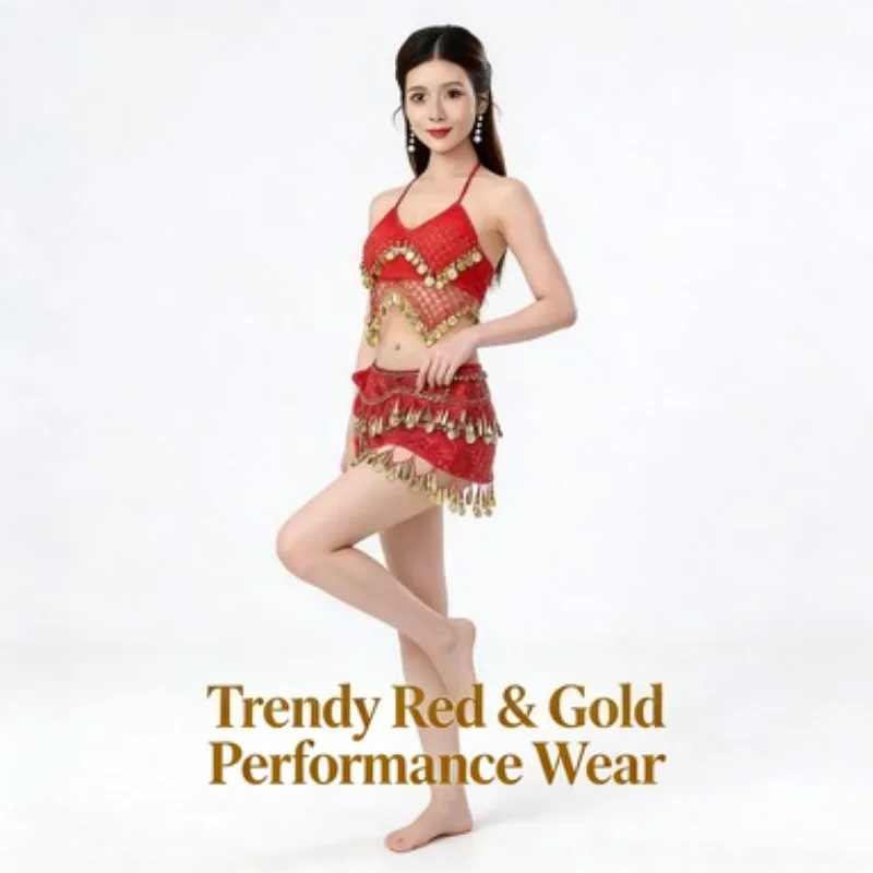 

Women Sequined Belly Dance Suit Indian Egyptian Tassel Neck Suspender Top Prom Suit