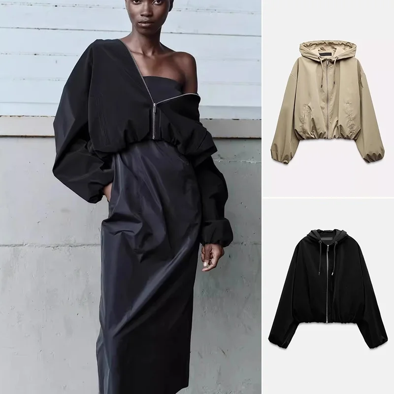 

Spring New Lazy Sle Women's Long Sve Hooded Loose ort Jaet Outerwear Street Sle Polyester Fiber Zipper Closure Sol...