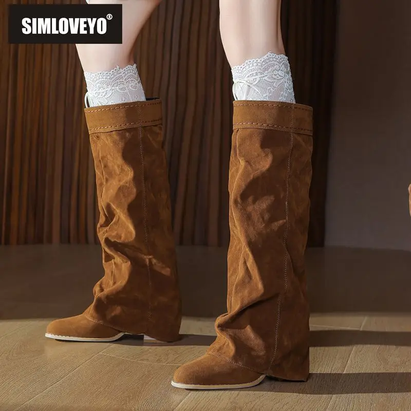 

SIMLOVEYO 2025 New Design Female Knee High Boots Flock Suede Round Toe Block Heels 7cm Slip On Plus Size 42 43 44 Dating Bota
