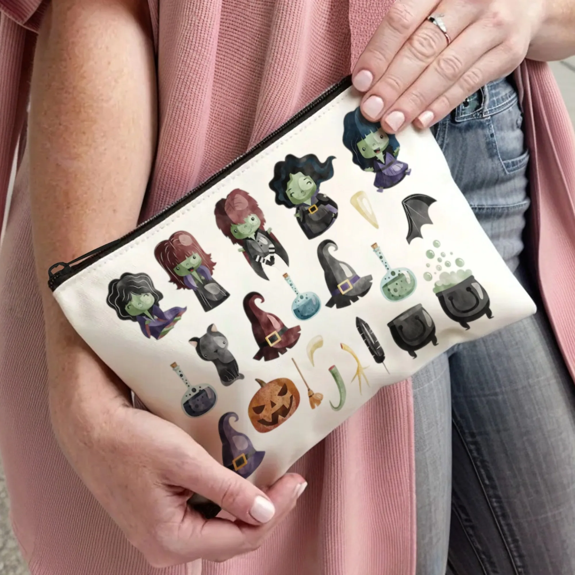Borsa per cosmetici in tela a tema Halloween, personaggi classici delle streghe, pozioni, cappelli da strega, caldeffer di zucca, accenti per gatti, leggeri