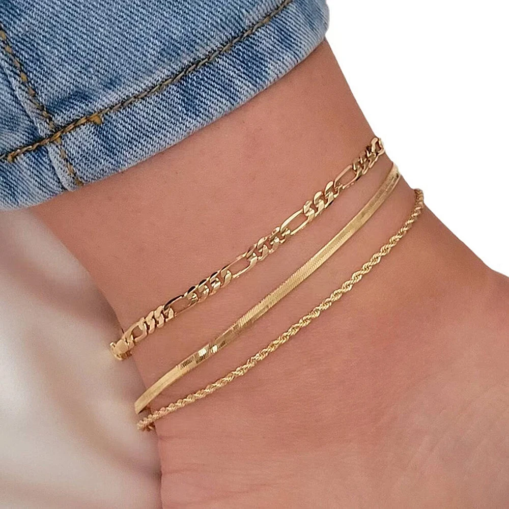 DGIDDK Stainless Steel Anklet Boho Fashion Triple Simple Chain Stacking Anklet For Women Jewelry Daily Party Matching