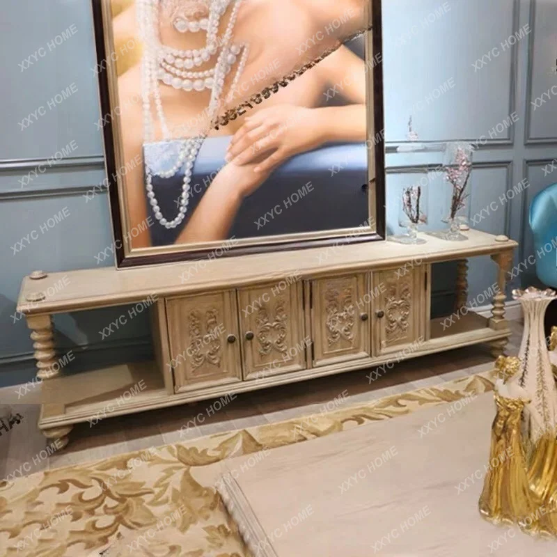 fashion high-end solid wood TV cabinet retro floor old fine carving