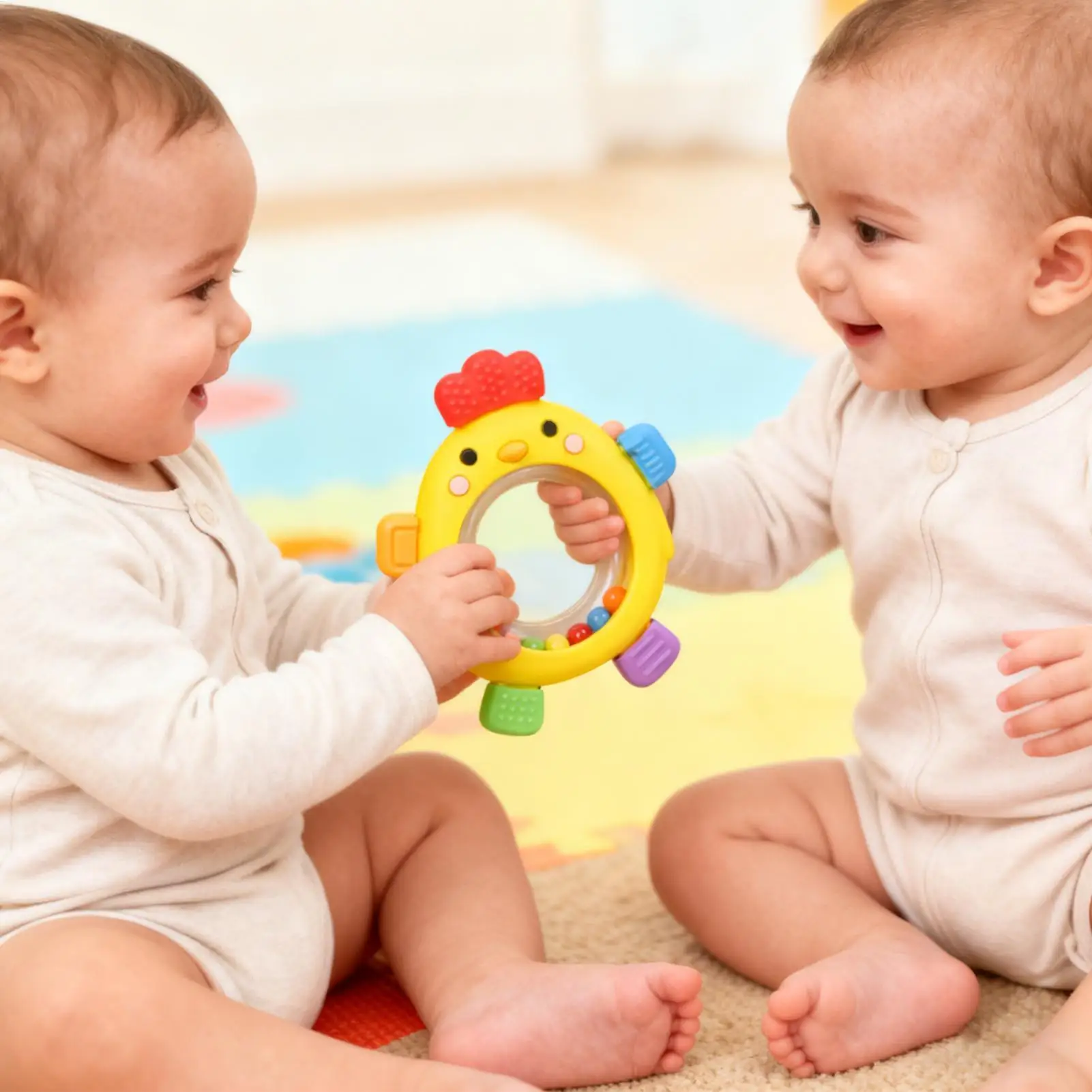 

Teething Toys Silicone Soft Rattle Teether 2 in 1 Chick Shape Rattle Toys for Development Relief Sensory Play Grasping Practice