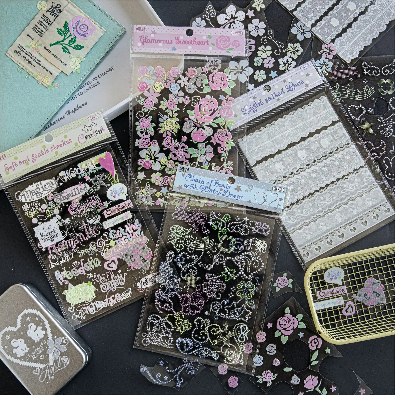 2sheets Flower Diamond Text Cartoon Kawaii Ins Cartoon Die Cutting Label Stickers DIY Diary Scrapbook Aesthetic Decoration
