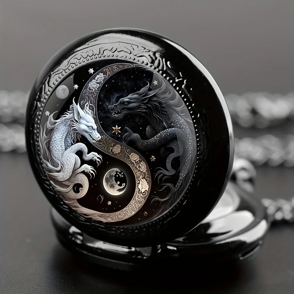Creative Black and White Dragon Animal Pocket Watch with Necklace Pendant World-Time Feature, Analog Display For Women Men Kids