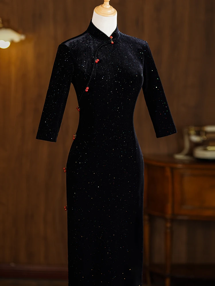 

Ele Young Sle Fro Coat Dr Thiened Long Sve Velvet Interior Warm Winter Bla Qipao Women's Faionable Dr