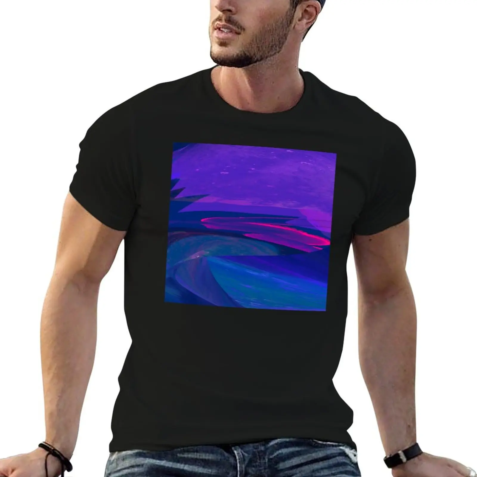 Blue rowboat under a purple sky T-Shirt Anti-Fade Casual Tee Shirt