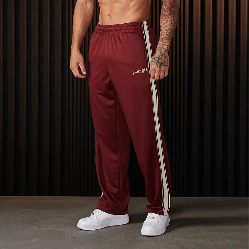 YOUNGLA American men\'s sweatpants webbing striped stitching embroidery casual pants gym sports straight pants