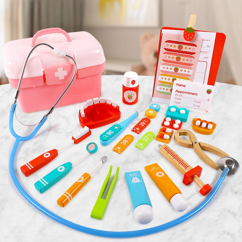 Children Pretend Play Doctor Dentist Simulation Injection Stethoscope Tool Set Wooden Early Education Birthday Gift for Kids